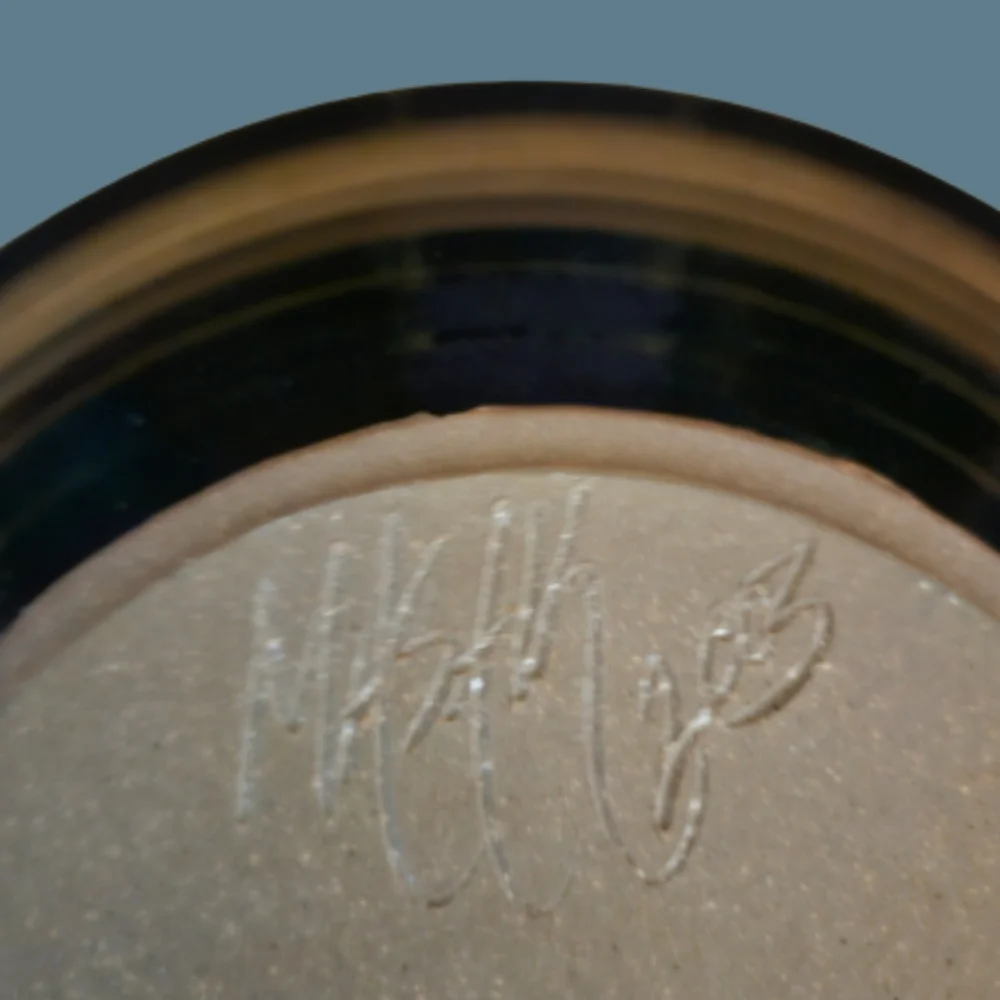 Beautiful Stoneware Glazed Signed Pottery Bowls w/ swirl & etched leaves